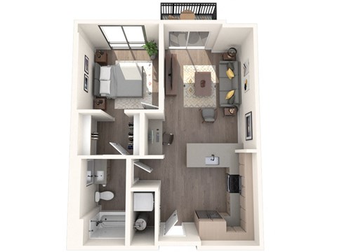 Floor plan for 1 bed, 1 bath, 638 sqft
